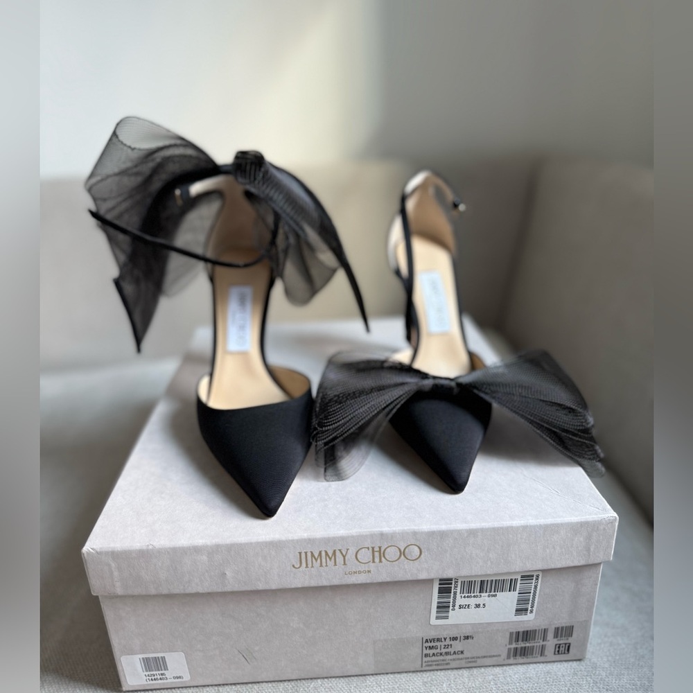 Brand new Jimmy Choo heels, black, Aveline bow detail heels, including box. 38.5